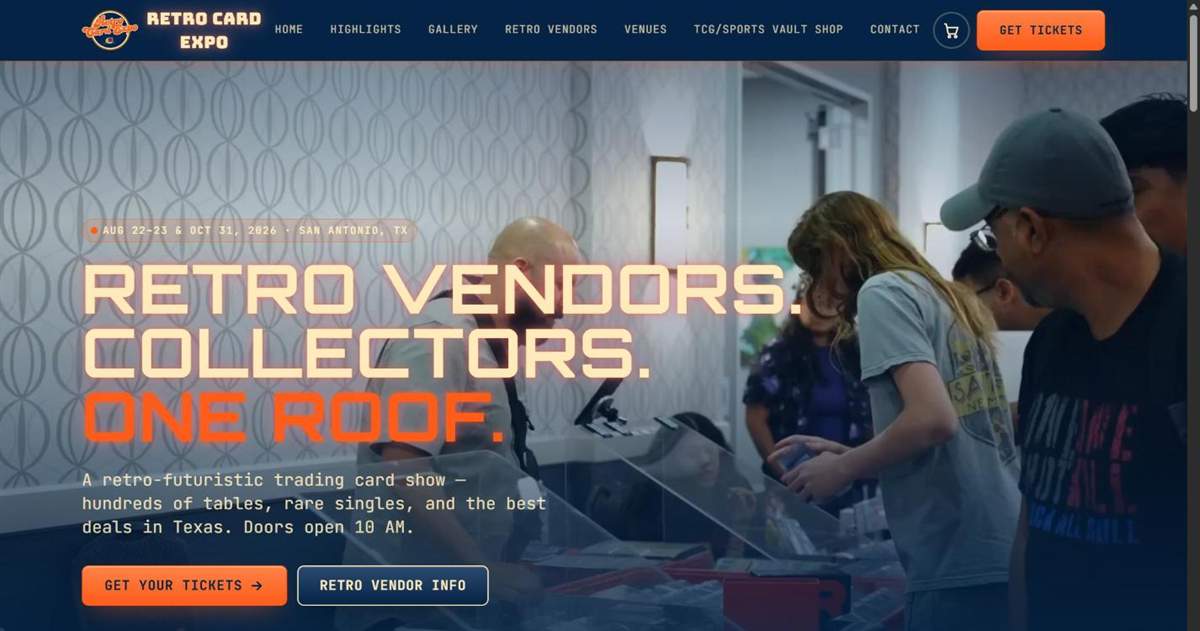 Retro Card Expo website homepage, a custom web design build by Stoughton Media for a San Antonio trading card show